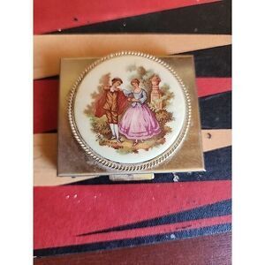 Vintage Porcelain Couple Mirror Gold Compact Trinket‎ Pill Box Case